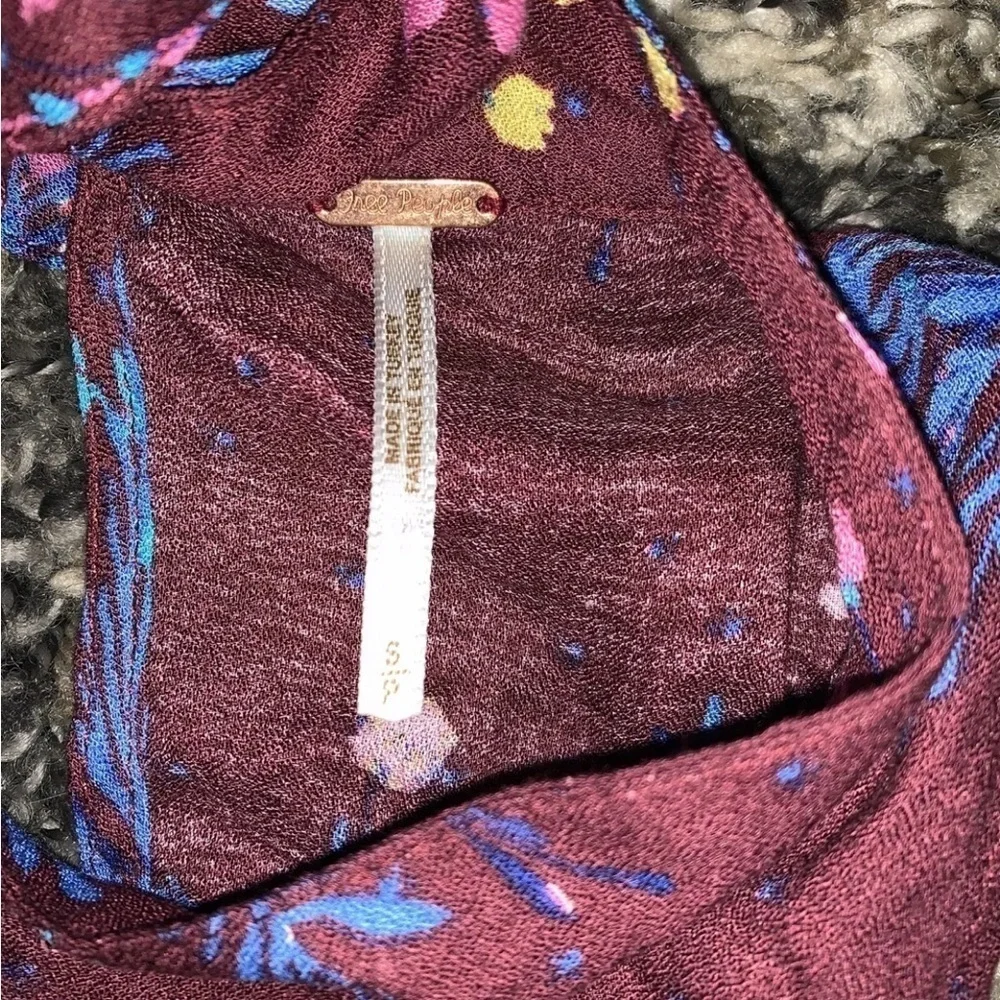 Free People Cold Shoulder Blouse Burgandy Floral Draped Fit Long Sleeve Sz Small
